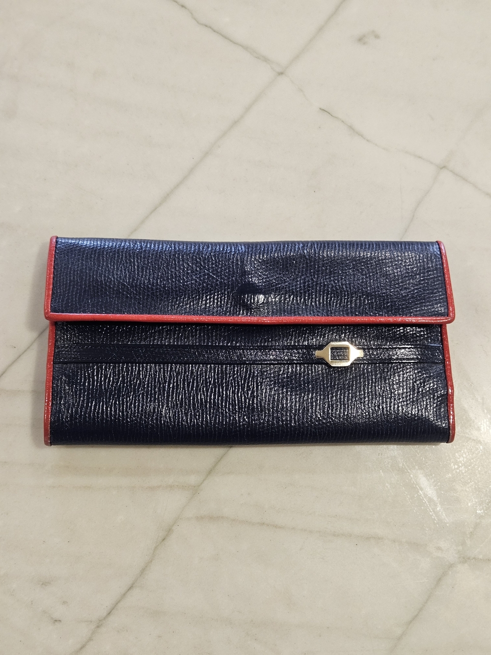 Vintage 1970s St. Thomas Genuine Leather Flap Wallet | Dark Navy & Red Piping